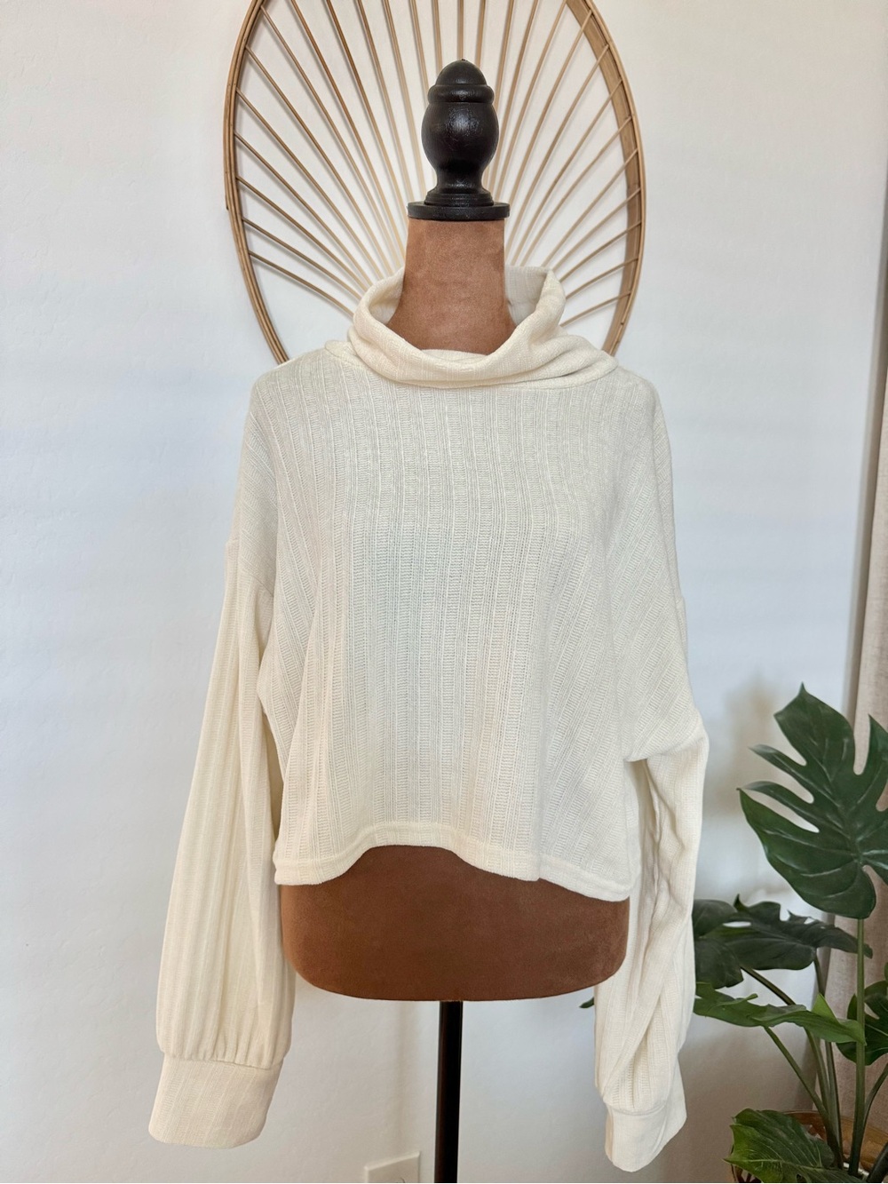 Cream Ribbed High Neck Sweater - Women’s Cropped Sweater